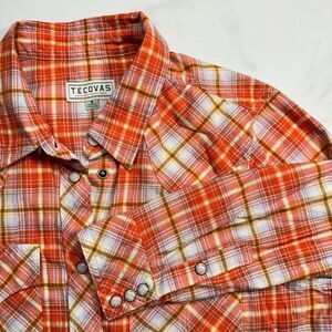 Tecovas Long Sleeve Shirt Pearl Snap Button Orange Plaid, Women's Size Medium